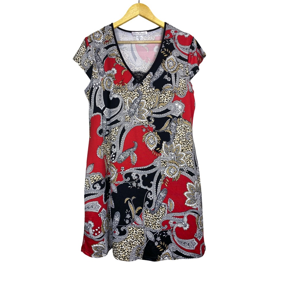 Linea Donatella Womens Red Paisley Leopard V-Neck Lace Trim Nightgown Size M EUC